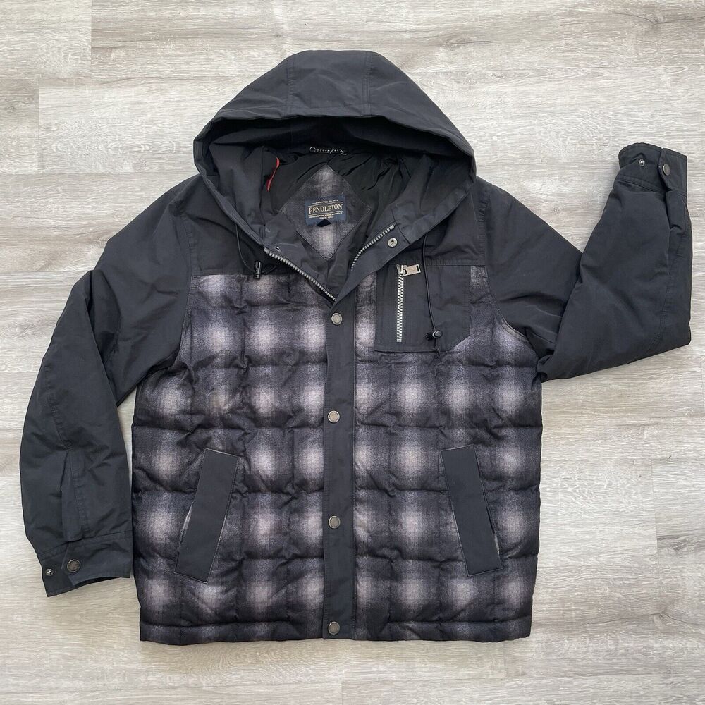 PENDLETON Men’s Medium 650 Fill Power Duck Down Jacket Hooded Black Plaid
